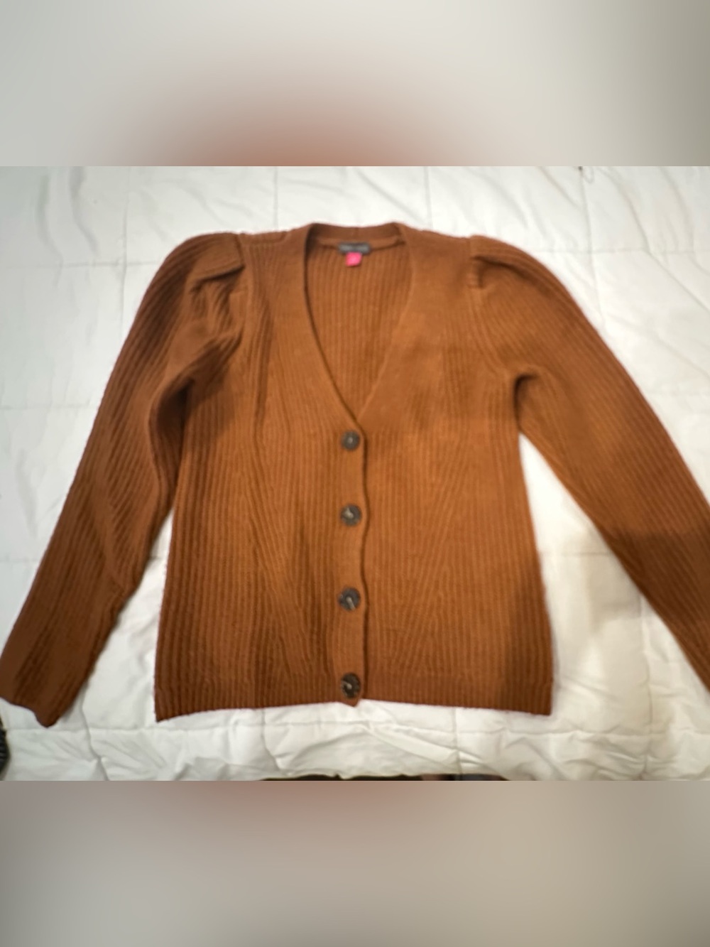 Vince Camuto Rust Brown Ribbed V-Neck Button Cardigan